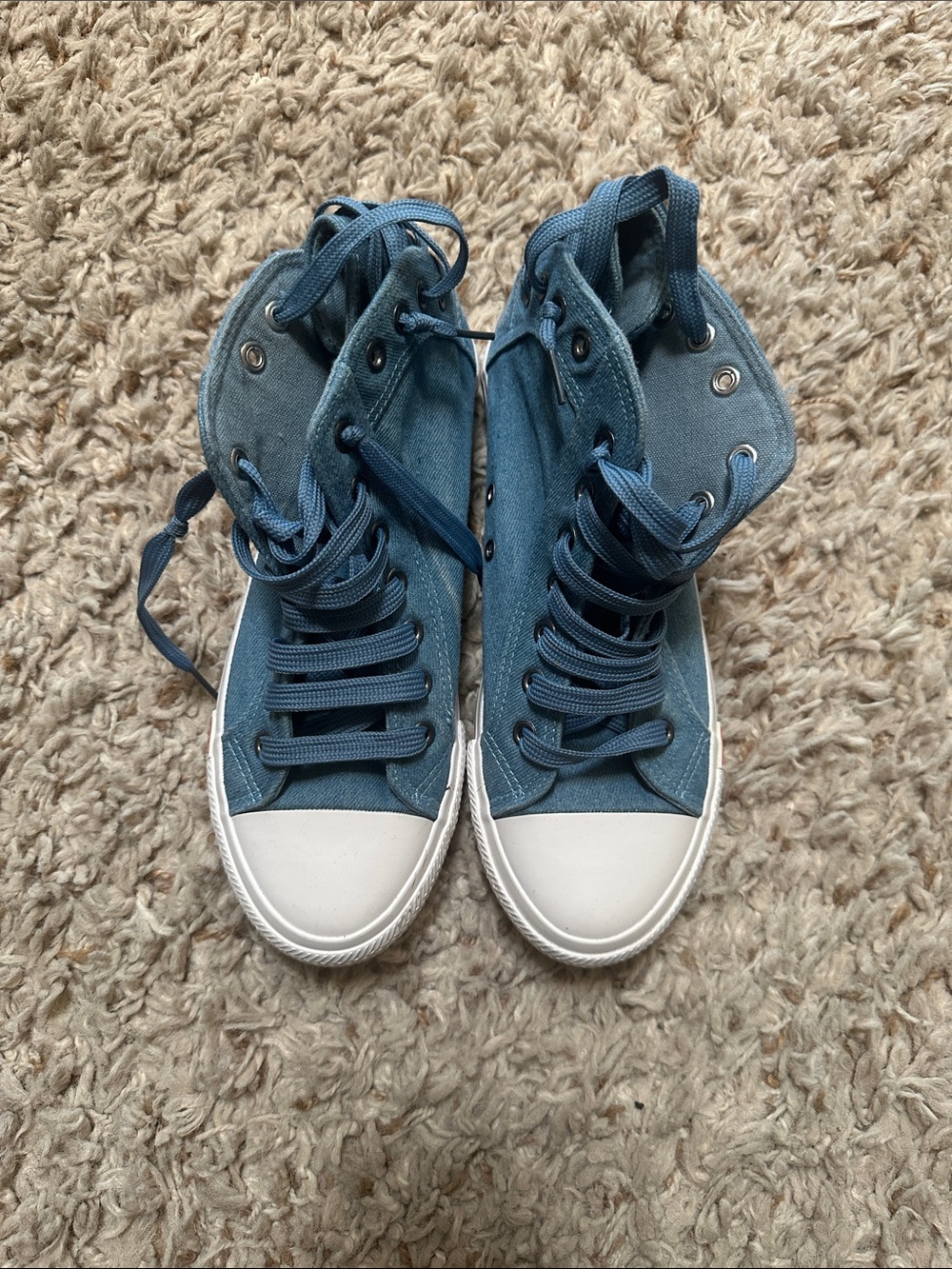 Light Blue High-Top Denim Sneakers with White Toe